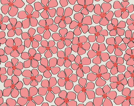 Seamless pink floral background with tropical flowers. Minimal abstract organic shapes pattern. Vector wite abstact pattern with pink flowers