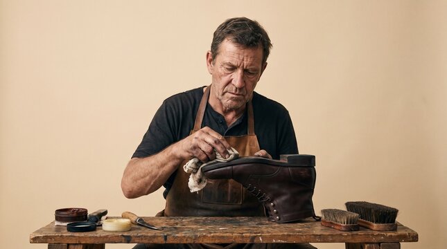Skilled craftsman meticulously polishing a leather boot with a cloth and shoe care products