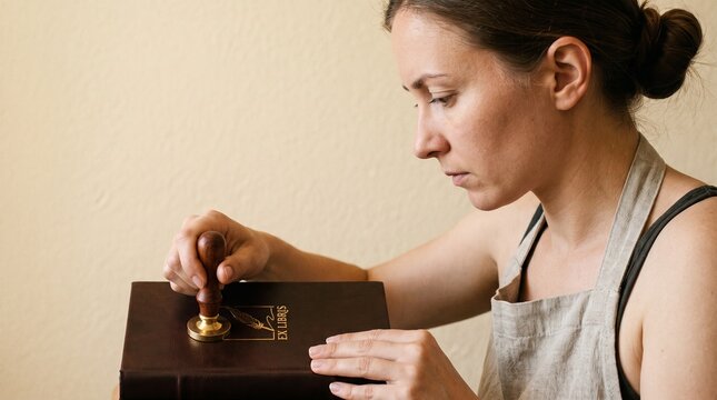 Woman using an ex libris stamp on a book