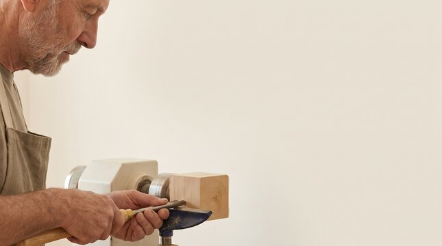 Senior craftsman carefully shaping wood on a lathe with a chisel