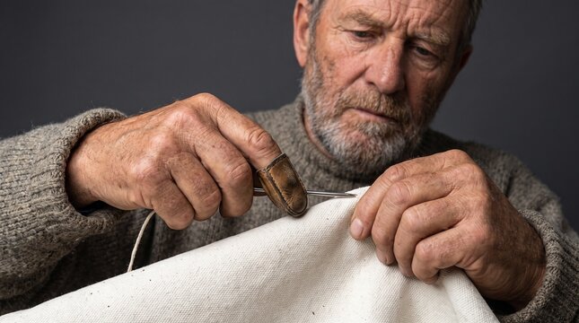 Elderly man with beard sewing fabric with needle and thread wearing a thimble