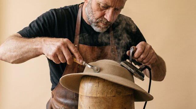 Skilled craftsman shaping a felt hat with steam and tools on a wooden block