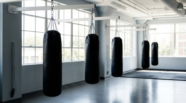 Boxing bags hanging in a bright, modern gym with large windows, creating a sense of space and readiness for training.