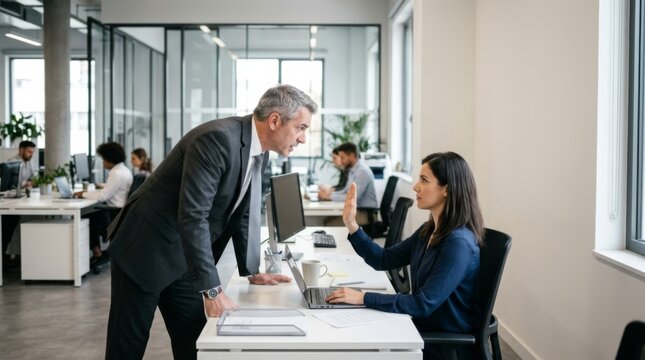 Boss confronts employee raising stop gesture in bright modern open-plan office, illustrating workplace conflict and power dynamics.