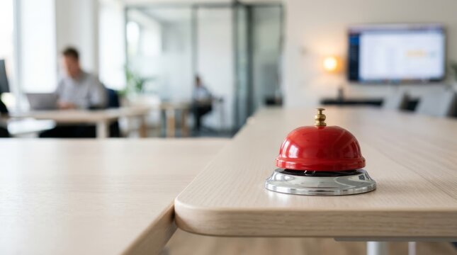 Red service bell on a light wood desk in a modern office with blurred background, signaling for attention or service.