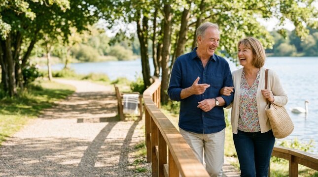 Happy senior couple laughing while strolling by a sunny lake, enjoying companionship and outdoor leisure time