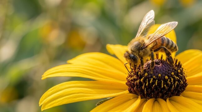 Honey bee collecting pollen on a bright yellow wildflower, backlit by morning sun, macro shot with soft bokeh background
