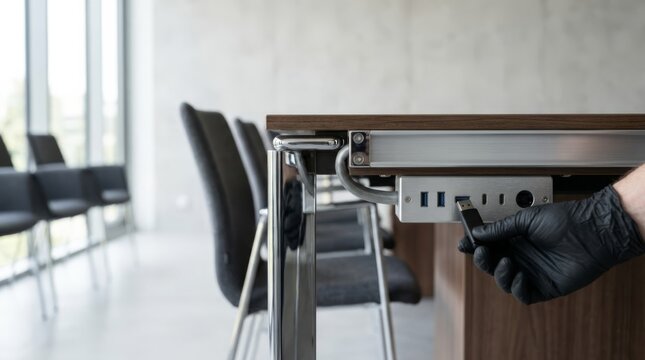 Gloved hand inserts USB drive into discreet under-table data port in modern conference room, business technology concept