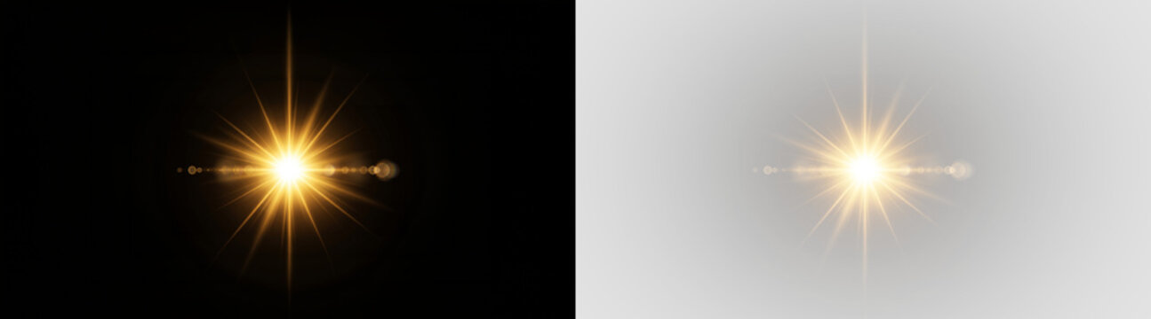 bright golden light flares with lens reflections on black background