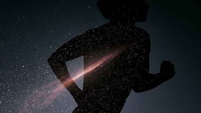 Prompt: A breathtaking double exposure fine-art portrait. A crisp black silhouette of a running figure's torso is filled with a minimalist dreamscape of a long, cigar-shaped reddish interstellar 