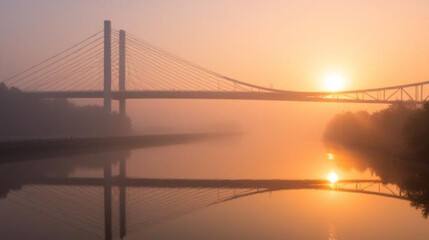 Obraz premium A bridge over a river seen from a distance at dusk. AI-generated.