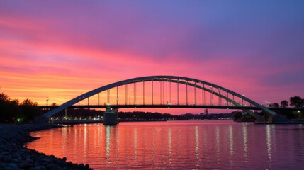 Fototapeta premium A bridge over a river seen from a distance at dusk. AI-generated.