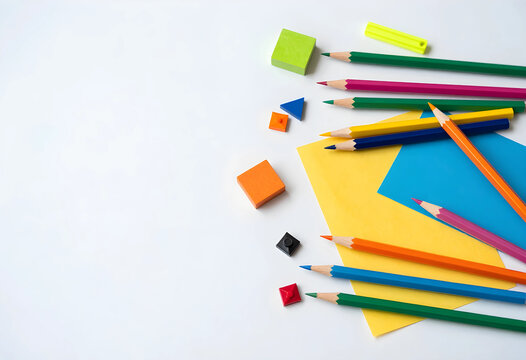 Flat lay of colorful school supplies with pencils and paper