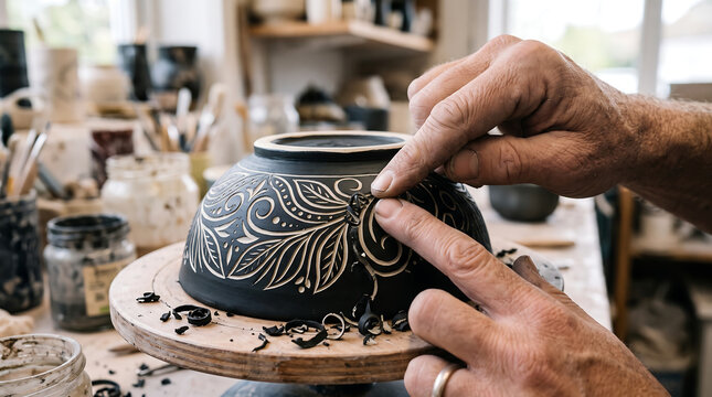 Potter hands carving ornate sgraffito floral patterns on ceramic bowl in pottery workshop closeup