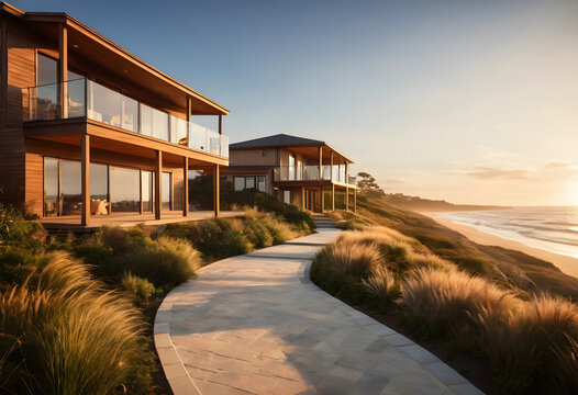Modern oceanfront houses with pathway at sunset