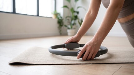Fototapeta premium Woman pressing a pilates ring on a natural yoga mat during a home workout