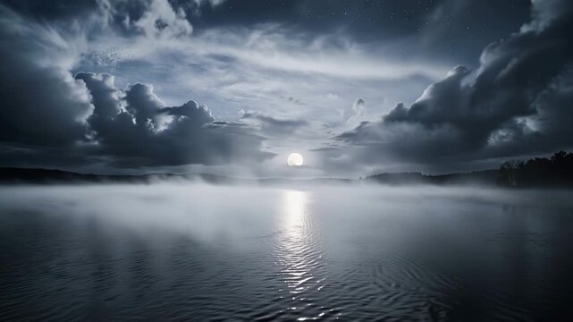 Full moon over a misty lake with dramatic clouds at night 4k video