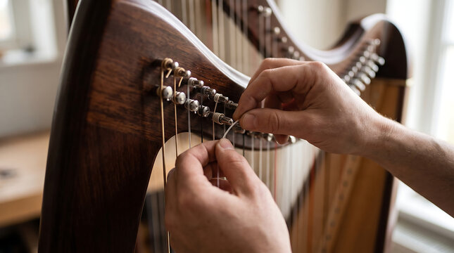Musician hands stringing and tuning classical wooden harp in instrument workshop studio closeup