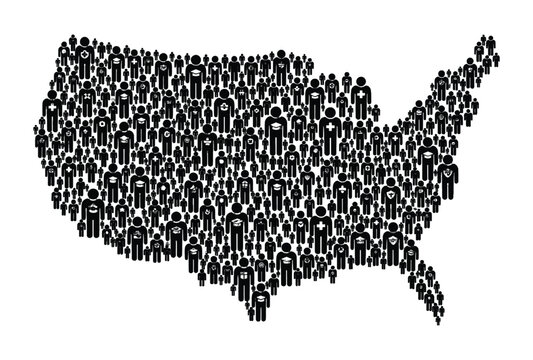 Map of the united states of america made of many different people icons representing a diverse population and society