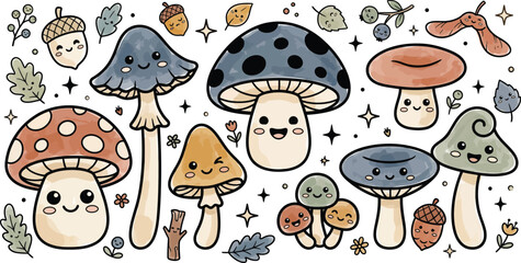 Mushroom and acorn illustration with whimsical faces hand drawn style © Ramim