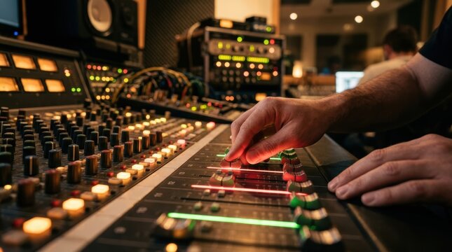 A dedicated professional sound engineer carefully adjusts the glowing faders on a large mixing console to create a perfect audio balance inside a high performance musical recording facility