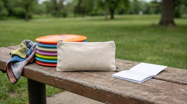 Stack of colorful disc golf discs with a canvas pouch and a blank scorebook on a wooden park bench