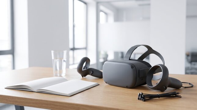 Virtual reality headset and controllers on a wooden desk next to an open notebook and a glass of water