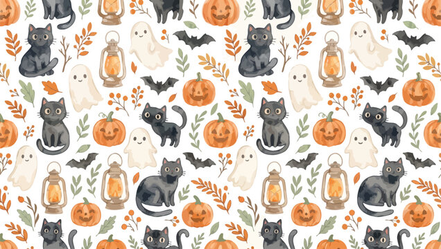 Halloween pattern with pumpkins black cats ghosts and lanterns