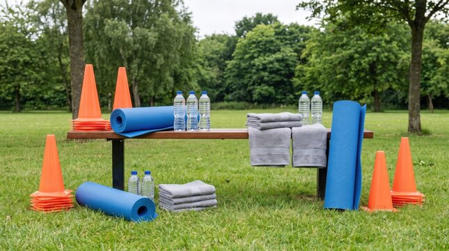 Outdoor fitness boot camp setup with blue yoga mats orange cones grey towels and water bottles on a park bench