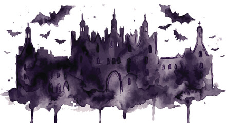Watercolor castle silhouette with bats against a white background © Ramim