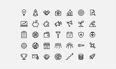 Business startup icon set. Entrepreneurship and new venture related line icons launch, idea, innovation, funding, team, growth, pitch, planning vector illustration © lokshmon