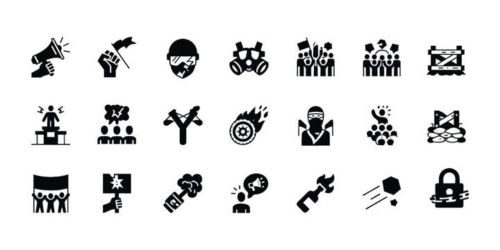 Set of black protest and riot icons featuring megaphone, gas mask, fire, barricade, and people holding signs for social revolution and activism
