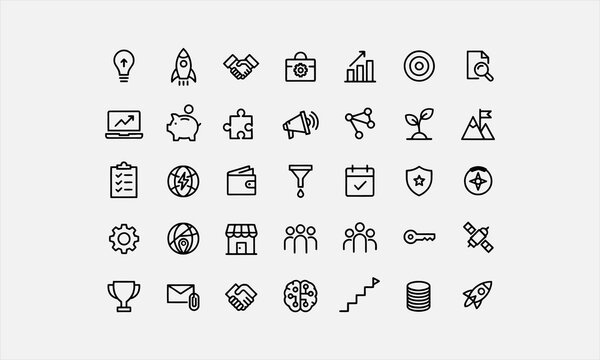 Business startup icon set. Entrepreneurship and new venture related line icons launch, idea, innovation, funding, team, growth, pitch, planning vector illustration