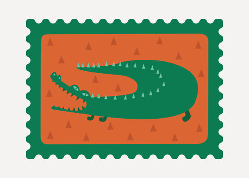 Playful crocodile postage stamp design vector