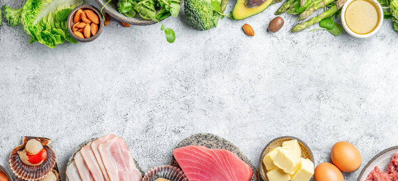 KETOGENIC DIET LOW CARB CONCEPT. Vegetarian and animal protein, carb and fat sources. Healthy food background with copy space