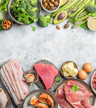 KETOGENIC DIET LOW CARB CONCEPT. Vegetarian and animal protein, carb and fat sources. Healthy food background with copy space