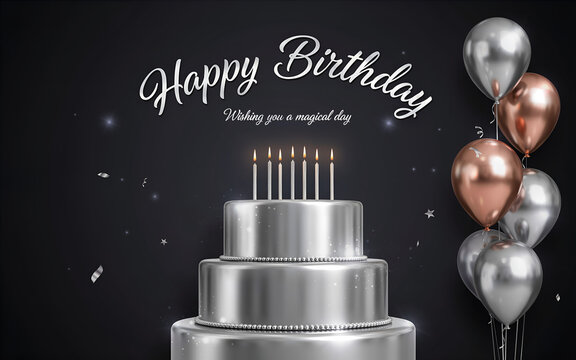 Elegant silver birthday cake with metallic balloons celebration. Luxury tiered dessert decorated for milestone party with festive helium-filled orn...