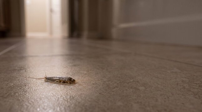 Silverfish insect on floor in dark indoor space