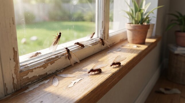 Flying termites on window sill causing indoor infestation