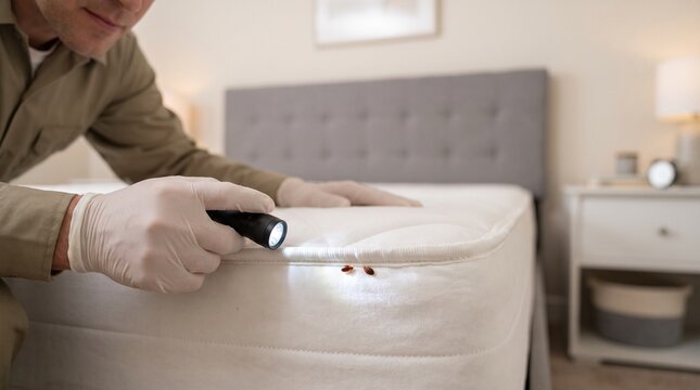 Person inspecting mattress for bed bug infestation