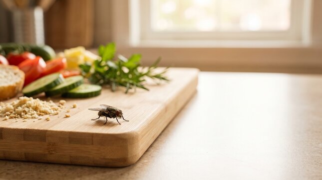 Housefly on kitchen cutting board near food and vegetables