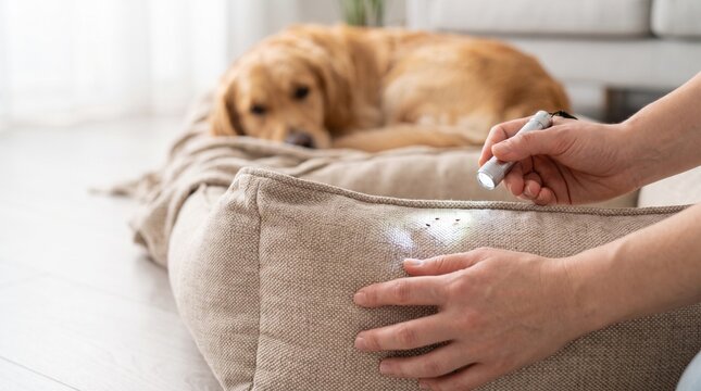 Person inspecting dog bed for fleas and household pests
