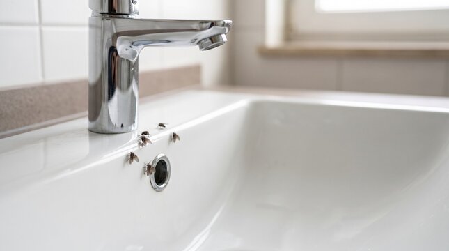 Drain flies on bathroom sink surface showing pest infestation