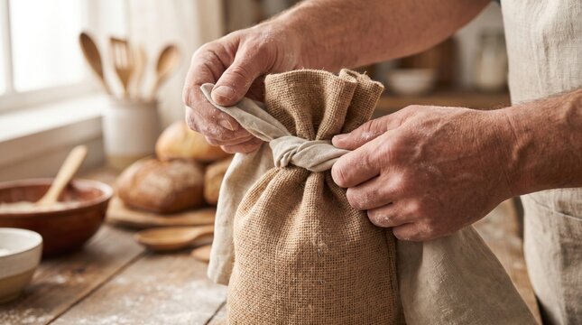 Close up of male hands tying a knot with a linen cloth to close a burlap sack of flour