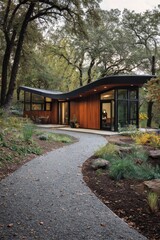 Fototapeta premium A contemporary home nestled within a lush wooded area, encircled by tall trees, features a charming path guiding visitors to its entrance in the warm afternoon light