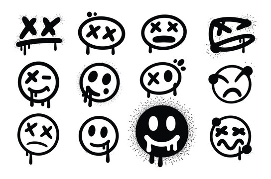 Black and white graffiti sticker set featuring various hand drawn emoticon faces with spray paint drips and splatters on a plain white background