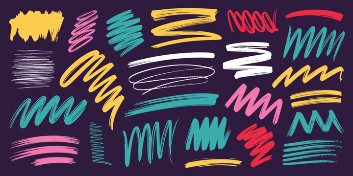 Set of hand drawn marker scribbles and brush strokes in yellow pink teal red and white on a dark purple background