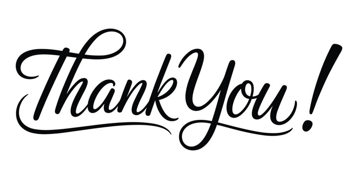 Thank you text written in black cursive calligraphy script with a decorative underline flourish isolated on a white background