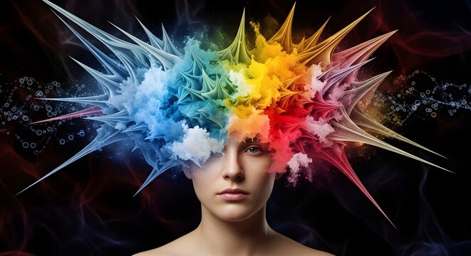 Woman's head exploding with vibrant colors, representing creativity, imagination, and inspiration