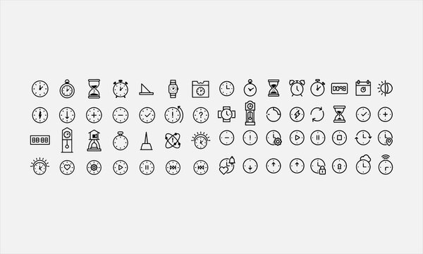 Time and clock related icon collections. Containing watch, timer, alarm, schedule, hourglass, calendar, stopwatch vector illustration
